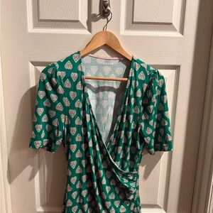 Boden Green Faux Wrap Top with Heart Medallion Print